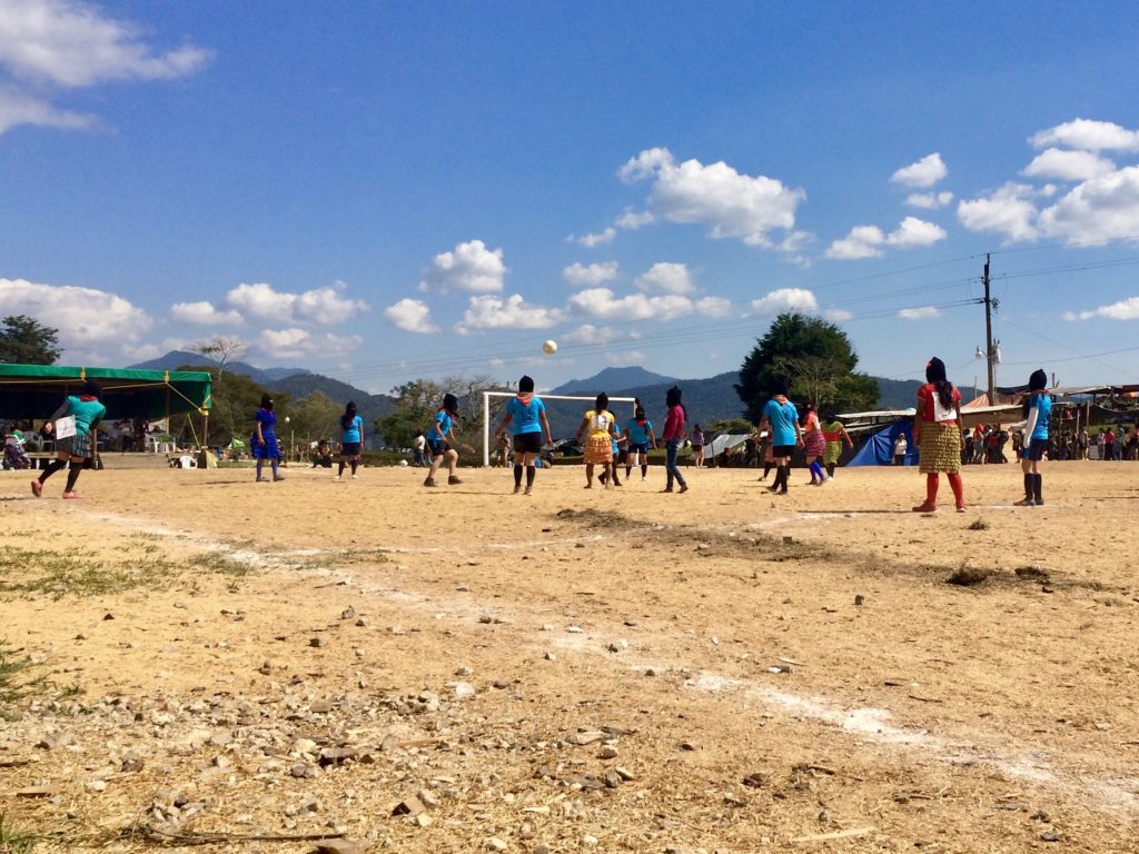Two Zapatista teams kick off the sporting events of the gathering with the first soccer game of the event, March 8, 2018. Photo by Heather Gies
